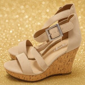 CHARLES DAVID - Beige Suede Wedge Sandals with Cork Heel – Size 8.5